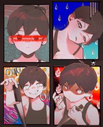 Rule 34 | bags under eyes, black hair, black tank top, commentary, covered eyes, crazy smile, expressions, grin, highres, holding, holding knife, kitchen knife, knife, male focus, min (minhk215), omori, raindrop print, short hair, sleepy, smile, sunny (omori), tank top, v-shaped eyebrows, white eyes