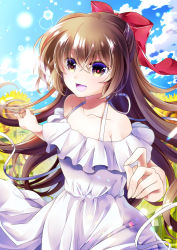 Rule 34 | 1girl, :d, absurdres, bow, brown hair, day, dress, flower, hair between eyes, hair bow, highres, hihooo, moe2020, open mouth, original, outdoors, red bow, smile, solo, standing, sunflower, white dress