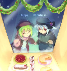 Rule 34 | 2girls, ^ ^, against glass, beret, black dress, blonde hair, blush, cake, cherry, christmas, closed eyes, coat, dress, food, fruit, glass, hamamo, hat, long sleeves, looking at viewer, merry christmas, multiple girls, original, outdoors, plate, red coat, shop, short hair, sweets