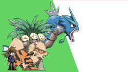 Rule 34 | 1boy, animal focus, arcanine, bag, black eyes, black pants, blacknirrow, blue shirt, bright pupils, brown eyes, brown footwear, brown hair, creatures (company), exeggutor, fangs, from side, full body, game freak, gary oak, gen 1 pokemon, green background, grin, gyarados, hand in pocket, hand up, happy, highres, holding, holding poke ball, jewelry, long sleeves, looking to the side, matching hair/eyes, multiple heads, necklace, nintendo, open mouth, pants, poke ball, poke ball (basic), pokemon, pokemon (creature), pokemon rgby, profile, red eyes, shirt, shoes, short hair, shoulder bag, simple background, smile, spiked hair, standing, teeth, two-tone background, v-shaped eyebrows, white pupils