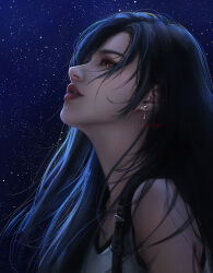 Rule 34 | 1girl, artist name, black hair, commentary, dangle earrings, earrings, english commentary, eyelashes, final fantasy, final fantasy vii, final fantasy vii remake, from side, highres, jewelry, learclow, long hair, looking up, making-of available, night, night sky, parted lips, photoshop (medium), red eyes, sky, solo, star (sky), starry sky, tank top, tifa lockhart, white tank top