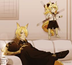 Rule 34 | 1boy, 1girl, aged down, animal ear fluff, animal ears, ariadusts, arknights, armored gloves, belt, belt buckle, black belt, black bow, black coat, black footwear, black shorts, blemishine (arknights), blonde hair, bow, buckle, closed mouth, coat, coffee, commentary, couch, crossed legs, cup, english commentary, extra ears, frown, gloves, hair bow, highres, horse ears, horse tail, kid taped to wall (meme), long hair, long sleeves, looking ahead, meme, mlynar (arknights), mug, mug writing, on couch, ponytail, restrained, shirt, shoes, short hair, shorts, single glove, smile, socks, steam, tail, tape, white shirt, white socks, yellow eyes