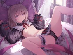 Rule 34 | 1girl, :o, bikini, black bikini, black skirt, blurry, blurry foreground, blush, braid, breasts, brown hair, cameltoe, clothes lift, curtain grab, curtains, daidai (daidai826), day, floral print, frilled pillow, frilled skirt, frills, highres, indoors, long hair, long sleeves, looking at viewer, looking back, lying, m legs, micro bikini, miniskirt, navel, neck ribbon, non-web source, on back, on bed, original, pillow, pleated skirt, puffy long sleeves, puffy sleeves, purple eyes, red ribbon, ribbon, skirt, skirt lift, small breasts, solo, spread legs, stomach, swimsuit, thigh strap, thighs, window