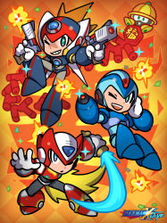 Rule 34 | 3boys, :d, android, arm cannon, armor, axl (mega man), blonde hair, blue eyes, brown hair, chibi, chinese new year, dual wielding, energy sword, expressionless, full body, gloves, green eyes, gun, happy, helmet, highres, holding, long hair, male focus, medium hair, mega man (series), mega man x (series), mizuno keisuke, multiple boys, official art, one eye closed, open mouth, ponytail, robot, mega man x dive, scar, scar on face, scar on nose, smile, sword, third-party source, very long hair, weapon, x (mega man), zero (mega man)