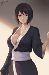 absurdres alvsdraws black_eyes black_hair black_kimono breasts cleavage commentary highres japanese_clothes kimono large_breasts looking_at_viewer mature_female naruto_(series) obi parted_lips sash shizune_(naruto) short_hair signature simple_background smile wide_sleeves