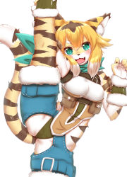 Rule 34 | 1girl, :3, animal ear fluff, animal ears, animal nose, arm pouch, arm up, arm warmers, armband, armpits, bare shoulders, blonde hair, blue shorts, blush, breasts, brown hair, cameltoe, claw pose, claws, crotchless, fang, female focus, fur-trimmed arm warmers, fur-trimmed shorts, fur trim, furry, furry female, green eyes, green panties, hand up, happy, highres, hip vent, horokusa (korai), kneepits, leg up, looking at viewer, medium breasts, mia (world flipper), multicolored hair, open mouth, panties, pouch, shirt, short shorts, shorts, sidelocks, simple background, sleeveless, sleeveless shirt, smile, solo, split, spread legs, standing, standing on one leg, standing split, tail, tail raised, tiger ears, tiger girl, tiger tail, underwear, white background, white hair, white shirt, world flipper