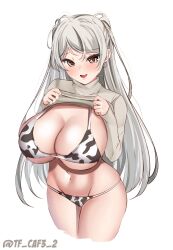 Rule 34 | 1girl, animal print, bikini, blush, breasts, brown eyes, conte di cavour (kancolle), cow print, grey hair, grey sweater, highres, kantai collection, large breasts, legs together, long hair, looking at viewer, open mouth, simple background, smile, sweater, swimsuit, tf cafe, twitter username, two side up, white background, white bikini