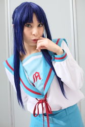 Rule 34 | ari (model), asakura ryouko, blue hair, cosplay, highres, photo (medium), sailor, school uniform, serafuku, suzumiya haruhi no yuuutsu
