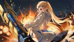 Rule 34 | 1girl, absurdres, bandaid, bandaid on cheek, bandaid on face, black bodysuit, blonde hair, blue eyes, bodysuit, breasts, coat, debris, explosion, fang, fur trim, goddess of victory: nikke, highres, holding, holding weapon, laplace (nikke), long hair, medium breasts, night, open mouth, solcha, solo, twintails, weapon, white coat