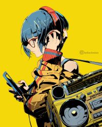 Rule 34 | 1girl, bag, blue hair, blunt bangs, boku no hero academia, boombox, cellphone, clonion, glasses, hand on headphones, headphones, highres, instagram username, jacket, jirou kyouka, looking at viewer, looking to the side, nail polish, phone, profile, radio, red nails, short hair, shoulder bag, simple background, smartphone, solo, upper body, yellow background, zipper