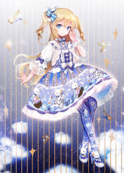 Rule 34 | 1girl, blonde hair, blue bow, blue eyes, blue pantyhose, bow, collarbone, dress, eyebrows, hair bow, high heels, highres, juexing (moemoe3345), lolita fashion, long hair, looking at viewer, original, pantyhose, smile, solo, striped clothes, striped pantyhose, stuffed animal, stuffed rabbit, stuffed toy, sweet lolita, two side up, vertical-striped clothes, vertical-striped pantyhose