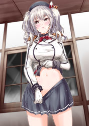 Rule 34 | 10s, 1girl, blush, breasts, clothes lift, clothes pull, cowboy shot, dutch angle, epaulettes, gloves, grey eyes, hat, kantai collection, kashima (kancolle), long hair, looking at viewer, midriff, mikage takashi, navel, open mouth, shirt lift, silver hair, skirt, skirt pull, solo, uniform, window