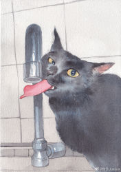 Rule 34 | animal focus, black cat, cat, colored sclera, fang, faucet, feet out of frame, full body, highres, indoors, junsun, kitchen, long tongue, looking at viewer, no humans, original, tongue, tongue out, traditional media, weibo logo, weibo watermark, white background, yellow sclera