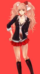 Rule 34 | 1girl, black footwear, blush, boots, bow, breasts, cleavage, closed mouth, collarbone, cosplay, danganronpa: trigger happy havoc, danganronpa (series), enoshima junko, enoshima junko (cosplay), feet out of frame, freckles, hair bow, hair ornament, ikusaba mukuro, knee boots, kuru (kzyr), large breasts, long hair, medium breasts, miniskirt, necktie, pleated skirt, rabbit hair ornament, red bow, skirt, smile, solo, twintails