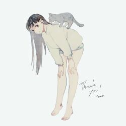 Rule 34 | 1girl, absurdres, animal, animal on shoulder, artist name, bare legs, barefoot, blue shorts, brown eyes, brown hair, cat, cat on shoulder, closed mouth, commentary request, denim, denim shorts, english text, expressionless, full body, grey cat, hands on own knees, highres, kitten, leaning forward, long hair, long sleeves, looking at viewer, original, shirt, short shorts, shorts, simple background, solo, straight hair, thank you, toes, tono (rt0no), white background, white shirt, white sleeves