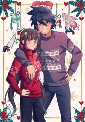 Rule 34 | 1boy, 1girl, alternate hairstyle, arm around shoulder, black hair, black pants, blunt bangs, bow, brown hair, cheer (cheerpuppy14), christmas ornaments, commentary, couple, danganronpa (series), danganronpa v3: killing harmony, denim, english commentary, facial hair, goatee, grin, hair ornament, hand on own hip, harukawa maki, heart, highres, jeans, knife, long hair, long sleeves, looking at viewer, low twintails, medium hair, mole, mole under eye, momota kaito, nail polish, pants, purple eyes, red eyes, red nails, red scrunchie, red shirt, rocket, scrunchie, shirt, smile, sparkle, star (symbol), star hair ornament, sweater, twintails, white background