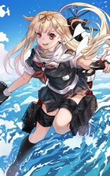 Rule 34 | 1girl, black gloves, black serafuku, black skirt, black socks, blonde hair, brown footwear, fingerless gloves, gloves, hair flaps, hair ornament, hair ribbon, hairclip, highres, kantai collection, kneehighs, leg up, loafers, long hair, looking at viewer, neckerchief, pleated skirt, red eyes, red neckerchief, ribbon, sakana u u, scarf, school uniform, serafuku, shoes, short sleeves, skirt, socks, solo, torpedo tubes, white scarf, yuudachi (kancolle), yuudachi kai ni (kancolle)