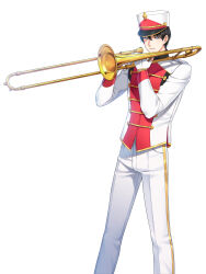 Rule 34 | 1boy, band uniform, black hair, blue eyes, bright pupils, buttons, chulsoo kim (closers), closers, collared jacket, double-breasted, feet out of frame, gloves, hands up, hat, high collar, highres, holding, holding instrument, holding trombone, instrument, jacket, legs apart, long sleeves, looking at viewer, male focus, marching band, official art, pants, parted lips, shako cap, short hair, single vertical stripe, solo, standing, trombone, uniform, white background, white gloves, white hat, white jacket, white pants, white pupils