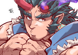 Rule 34 | 1boy, bara, bare shoulders, broken horn, close-up, demon boy, demon horns, facial hair, fang, fiery horns, forked eyebrows, goatee, grey hair, highres, horns, kizami nori to yamaimo, long sideburns, male focus, mature male, muscular, muscular male, o3o, pouty lips, red eyes, short hair, sideburns, sleeveless, solo, takemaru (housamo), thick eyebrows, tokyo houkago summoners, upper body, veins