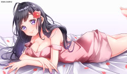 Rule 34 | 1girl, ass, bad id, bad pixiv id, bare shoulders, black hair, blush, breasts, cleavage, flower, hair flower, hair ornament, ktm, legs, lips, long hair, lying, medium breasts, nail polish, official art, on stomach, open mouth, original, purple eyes, solo