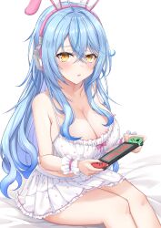 Rule 34 | 1girl, :o, absurdres, animal ears, bare shoulders, bed sheet, blue hair, blush, breasts, camisole, cleavage, english text, fake animal ears, frills, handheld game console, headphones, heckler kai, highres, holding, hololive, large breasts, long hair, looking at viewer, miniskirt, multicolored hair, nintendo switch, on bed, open mouth, playing games, polka dot, polka dot camisole, polka dot skirt, rabbit ears, sitting, skirt, solo, streaked hair, tears, two-tone hair, very long hair, virtual youtuber, wrist cuffs, yellow eyes, yukihana lamy