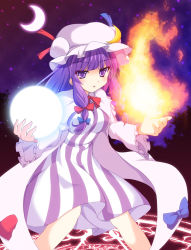 Rule 34 | 1girl, capelet, crescent, crescent moon, cross (crossryou), dress, energy ball, female focus, fire, hat, highres, long hair, moon, night, open mouth, patchouli knowledge, purple eyes, purple hair, ribbon, solo, touhou