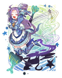 Rule 34 | 10s, 1girl, blue footwear, blue skirt, boots, brooch, cat, choker, cure beat, dress, closed eyes, fangs, frills, guitar, hair ornament, heart, instrument, itomugi-kun, jewelry, jumping, kurokawa eren, long hair, magical girl, precure, purple hair, ribbon, seiren (suite precure), side ponytail, skirt, smile, solo, suite precure, thigh boots, thighhighs
