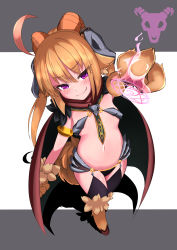 Rule 34 | 1girl, absurdres, animal ears, animal hands, armlet, baphomet (monster girl encyclopedia), bell orgel, black cape, blush, breasts, cape, demon girl, eyes visible through hair, fang, fang out, full body, fur, goat ears, goat horns, grey background, hair between eyes, hair ornament, highres, hooves, horns, light brown hair, long hair, looking at viewer, looking away, magic circle, monster girl, monster girl encyclopedia, navel, purple eyes, red cape, simple background, skull hair ornament, small breasts, smile, solo, tail, twintails, two-sided fabric, white background
