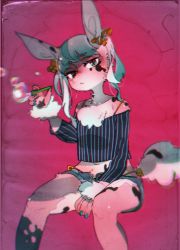 Rule 34 | 1girl, :&lt;, animal ears, bad id, bad pixiv id, between legs, black shirt, blue hair, blue nails, blowing bubbles, chromatic aberration, closed mouth, colored skin, fingernails, furry, furry female, hand between legs, head tilt, idkuroi, invisible chair, long sleeves, looking at viewer, multicolored skin, nail polish, off-shoulder shirt, off shoulder, original, pink background, pink fur, pink skin, rabbit ears, rabbit girl, rabbit tail, shirt, sitting, slit pupils, soap bubbles, solo, striped clothes, striped shirt, tail, two-tone fur, two-tone skin, white fur, white skin