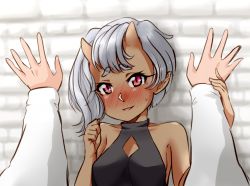 Rule 34 | 1girl, against wall, bare shoulders, brick wall, cleavage cutout, clothing cutout, halterneck, horns, okamaka, oni, open mouth, original, pointy ears, pov, pov hands, red eyes, silver hair, smile, solo focus, sweatdrop, upper body, kabedon