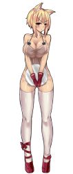 Rule 34 | 10s, 1girl, animal ears, ankle ribbon, apron, bad id, bad pixiv id, blonde hair, breasts, cat ears, cleavage, collarbone, full body, gloves, gluteal fold, kuraishi tanpopo, large breasts, leg ribbon, naked apron, red eyes, red footwear, red gloves, ribbon, shoes, simple background, solo, thighhighs, tray, unko samurai, v arms, white background, white thighhighs, witch craft works, zettai ryouiki