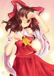 Rule 34 | 1girl, :3, animal ears, bad id, bad pixiv id, bow, brown eyes, brown hair, c.z., cat ears, cat girl, detached sleeves, female focus, hair bow, hakurei reimu, japanese clothes, kemonomimi mode, miko, one eye closed, paw pose, skirt, solo, touhou, wink