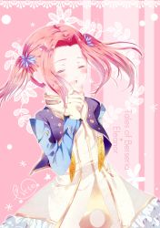 Rule 34 | 1girl, blush, character name, copyright name, dress, eleanor hume, closed eyes, frills, gloves, hair ornament, jacket, long hair, open mouth, pink background, pink hair, tales of (series), tales of berseria, twintails