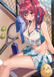 Rule 34 | 1girl, absurdres, azur lane, ball, bare shoulders, bottle, bow, breasts, bremerton (azur lane), bremerton (scorching-hot training) (azur lane), chain-link fence, cleavage, crop top, crop top overhang, fence, grey hair, hair between eyes, hair bow, hair ornament, hairclip, heart, heart necklace, highres, jewelry, large breasts, long hair, looking at viewer, manjuu (azur lane), mole, mole under eye, multicolored hair, necklace, outdoors, pink hair, racket, see-through, shirt, shocho, sitting, sleeveless, sleeveless shirt, sportswear, streaked hair, tennis ball, tennis court, tennis racket, tennis uniform, towel, twintails, two-tone hair, two-tone shirt, two-tone skirt, water bottle, wet, wet clothes, x hair ornament