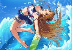 Rule 34 | 1girl, :d, armlet, armpits, bare shoulders, barefoot, bikini, bikini top only, blue eyes, blue sky, bracelet, braid, breasts, brown hair, cleavage, cloud, collarbone, commentary, day, floating hair, flower, hair flower, hair ornament, idolmaster, idolmaster million live!, idolmaster million live! theater days, jewelry, kamille (vcx68), kousaka umi, long hair, looking at viewer, medium breasts, necklace, ocean, open mouth, outdoors, revision, shell, shell necklace, shorts, sky, smile, soles, solo, surfboard, swimsuit, teeth, toes, twin braids, upside-down, very long hair, water drop, waves