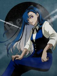 Rule 34 | 1girl, ado (utaite), arm at side, asymmetrical bangs, blue eyes, blue hair, blue pants, blue vest, closed mouth, cowboy shot, expressionless, feet out of frame, formal, from side, hair over one eye, halftone texture, hand on own knee, highres, hisui (38b 48b), invisible chair, long hair, looking at viewer, merry (ado), pants, parted lips, purple eyes, readymade (ado), shirt, sitting, solo, song name, vest, white shirt