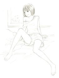 Rule 34 | 1girl, barefoot, feet, monochrome, original, short hair, shorts, sketch, solo, traditional media, yoshitomi akihito