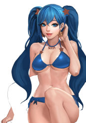 Rule 34 | 1girl, bad id, bad pixiv id, bikini, blue bikini, blue eyes, blue hair, blush, breasts, cherrylich, daeho cha, ear ornament, earrings, hair ornament, highres, jewelry, large breasts, league of legends, long hair, looking at viewer, matching hair/eyes, navel, necklace, open mouth, smile, solo, sona (league of legends), star (symbol), swimsuit, tattoo, twintails