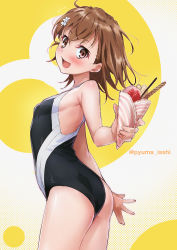 Rule 34 | 1girl, 2020, 20s, ^^^, ahoge, arched back, ass, banana, bare shoulders, black one-piece swimsuit, blush, breasts, brown eyes, brown hair, competition school swimsuit, cowboy shot, dessert, flower, food, from behind, from side, fruit, hair between eyes, hair flower, hair ornament, halftone, head tilt, ice cream, isshi pyuma, looking at viewer, looking back, matching hair/eyes, misaka mikoto, one-piece swimsuit, school swimsuit, shiny skin, short hair, sideboob, small breasts, solo, standing, strawberry, swimsuit, thighs, toaru kagaku no railgun, toaru majutsu no index, tokiwadai school swimsuit, wafer stick, white background