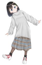 Rule 34 | 1girl, black hair, blue eyes, blush, brown pantyhose, brown skirt, closed mouth, clover hair ornament, commentary request, four-leaf clover hair ornament, full body, grey sweater, hair between eyes, hair ornament, highres, leaning to the side, long skirt, long sleeves, original, pantyhose, plaid, plaid skirt, shoes, simple background, skirt, sleeves past wrists, smile, sneakers, solo, standing, standing on one leg, suzunari shizuku, sweater, white background, white footwear, yuki arare