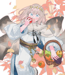 Rule 34 | 1boy, apple, autumn, autumn leaves, brown hair, commentary, diamond-shaped pupils, diamond (shape), fate/grand order, fate (series), food, fruit, fruit basket, golden apple, grapes, grey eyes, highres, insect wings, japanese clothes, kimono, looking at viewer, male focus, moth wings, oberon (fate), oneroom-disco, open mouth, orange (fruit), red apple, short hair, solo, symbol-only commentary, symbol-shaped pupils, tassel, teeth, upper teeth only, white kimono, wide sleeves, wings