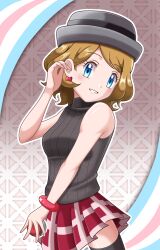 Rule 34 | 1girl, adjusting hair, bare arms, black thighhighs, blue eyes, bracelet, brown hair, cowboy shot, creatures (company), earrings, game freak, grey headwear, grey sweater, grin, highres, holding, holding poke ball, jewelry, long hair, looking at viewer, miniskirt, nintendo, outline, plaid, plaid skirt, pleated skirt, poke ball, pokemon, pokemon (anime), pokemon journeys, pokemon swsh105, red skirt, ribbed sweater, serena (pokemon), skirt, sleeveless, sleeveless sweater, smile, solo, standing, sweater, swept bangs, thighhighs, turtleneck, turtleneck sweater, zeki231, zettai ryouiki