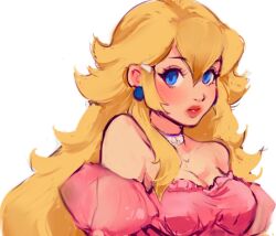Rule 34 | 1girl, adapted costume, alternate costume, bare shoulders, blonde hair, blue eyes, breasts, choker, cleavage, commentary, earrings, english commentary, eyelashes, fashion, frilled shirt, frills, hair ornament, hairclip, jewelry, large breasts, light blush, lipstick, long hair, looking at viewer, makeup, mario (series), nintendo, parted lips, pink shirt, pink sleeves, princess peach, puffy short sleeves, puffy sleeves, red lips, shirt, short sleeves, simple background, single sidelock, solo, sphere earrings, tanyalehoux, teeth, upper body, very long hair, white background, white choker