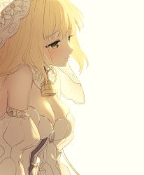 Rule 34 | 1girl, blonde hair, breasts, bridal veil, cleavage, detached sleeves, fate/grand order, fate (series), large breasts, nero claudius (bride) (fate), nero claudius (fate), nero claudius (fate) (all), padlock, padlocked collar, profile, rosuuri, simple background, solo, veil, white background, yellow eyes, zipper