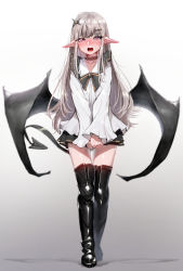 Rule 34 | 1girl, absurdres, bad id, bad pixiv id, blush, boots, choker, earrings, grey hair, hair ornament, highres, jewelry, long hair, looking at viewer, open mouth, original, pointy ears, purple eyes, sd bigpie, skirt, solo, teeth, thigh boots, thighhighs, tongue, wings