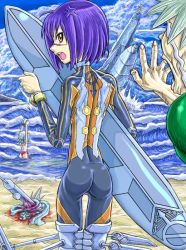 Rule 34 | 00s, 1boy, 2girls, anger vein, angry, ass, beach, blue hair, bodysuit, busou renkin, character request, cowboy shot, crying, day, from behind, green hair, legs together, long hair, looking back, multiple girls, ocean, outdoors, outstretched arm, purple hair, scar, short hair, skinny, streaming tears, tears, thigh gap, tsumura tokiko, valkyrie skirt, yellow eyes
