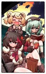 Rule 34 | 3girls, = =, animal ears, aqua hair, arknights, armband, bear ears, bear girl, black jacket, black shirt, blonde hair, book, border, breasts, brown footwear, brown hair, brown jacket, brown sailor collar, brown skirt, burger, candy hair ornament, cellphone, closed eyes, cloud, collared shirt, commentary request, eating, feet out of frame, food, food-themed hair ornament, french fries, fur-trimmed jacket, fur trim, green eyes, green necktie, gummy (arknights), hair ornament, highres, hill, istina (arknights), jacket, kado (hametunoasioto), legs apart, loafers, lollipop hair ornament, looking at phone, looking down, medium breasts, monocle, multicolored hair, multiple girls, neckerchief, necktie, open book, open mouth, outdoors, phone, pleated skirt, reading, red hair, red neckerchief, sailor collar, shirt, shoes, short hair, skirt, socks, streaked hair, sunset, two side up, upper body, wcdonald&#039;s, white neckerchief, white shirt, white socks, yoru mac, zima (arknights)