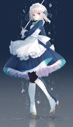 Rule 34 | 1girl, absurdres, apron, blue background, blue dress, blue ribbon, boots, bow, braid, breasts, commentary request, dress, frilled apron, frills, full body, gradient background, green bow, green neckwear, grey background, hair bow, hair ribbon, high heel boots, high heels, highres, holding, holding sword, holding weapon, izayoi sakuya, long sleeves, looking at viewer, maid apron, maid headdress, medium breasts, miyakure, pantyhose, petticoat, red eyes, reflection, ribbon, roman numeral, silver hair, single braid, solo, standing, sword, touhou, weapon, white apron, white footwear