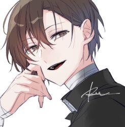 1boy bandaged_arm bandaged_neck bandages black_jacket brown_eyes brown_hair bungou_stray_dogs commentary_request dazai_osamu_(bungou_stray_dogs) hair_behind_ear hair_between_eyes hand_up highres jacket male_focus open_mouth portrait r1kuuw short_hair signature simple_background smile solo white_background