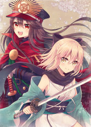 Rule 34 | 2girls, :d, black bow, black hat, black jacket, black scarf, blonde hair, bow, brown hair, cape, closed mouth, commentary request, crest, family crest, fate/grand order, fate (series), hair between eyes, hair bow, hands on hilt, haori, hat, holding, holding sword, holding weapon, jacket, japanese clothes, katana, kimono, koha-ace, long hair, looking at viewer, military hat, military jacket, multiple girls, oda nobunaga (fate), oda nobunaga (koha-ace), oda uri, okita souji (fate), okita souji (koha-ace), open mouth, peaked cap, red cape, red eyes, sato ame, scarf, short kimono, sleeveless, sleeveless kimono, smile, sword, very long hair, weapon, white kimono, yellow eyes